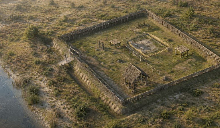Een reconstructie van de rechthoekige structuur en het grafveld van Lomm-Hoogwatergeul (Limburg, NL) (AI ChatGPT gegenereerd op basis van de reconstructietekening)
